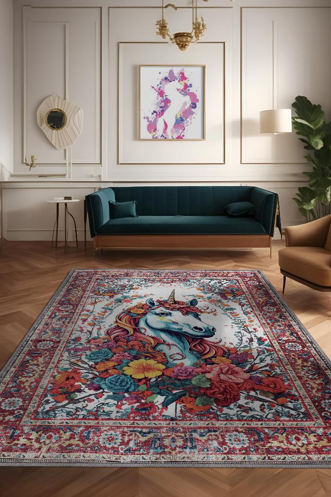 Homshtag Nuh'un Gemisi Koleksiyonu Unicorn, Çiçek Desenli Art Deco Tarzı Vintage Halı,Çok Renkli Maksimalist Halı