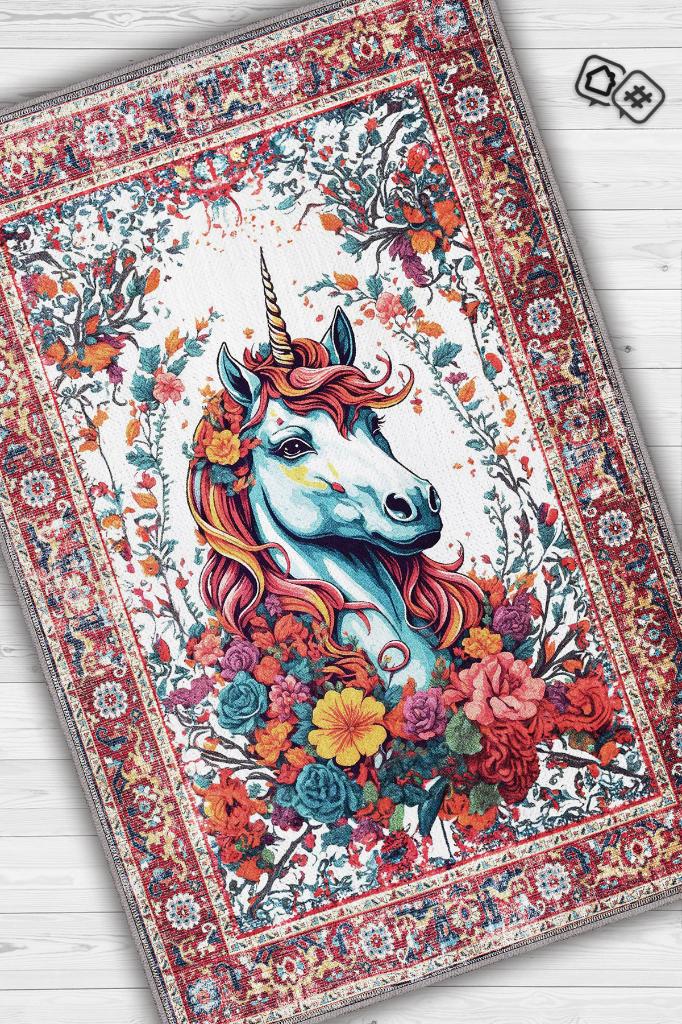 Homshtag Nuh'un Gemisi Koleksiyonu Unicorn, Çiçek Desenli Art Deco Tarzı Vintage Halı,Çok Renkli Maksimalist Halı