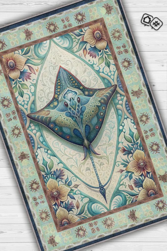Homshtag Nuh'un Gemisi Koleksiyonu Vatoz Balığı Çiçek Temalı Vintage Renkli Maksimalist Halı