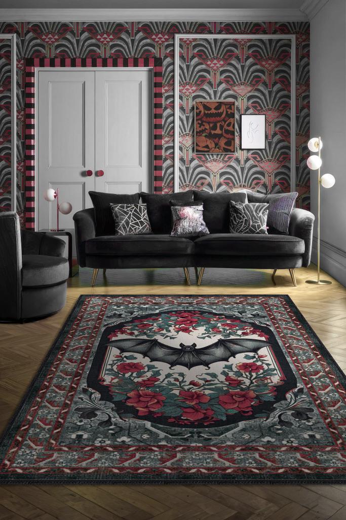 Homshtag Nuh'un Gemisi Koleksiyonu Yarasa Temalı Çiçekli Bordo Siyah Renkli Bordürlü Konsept Halı