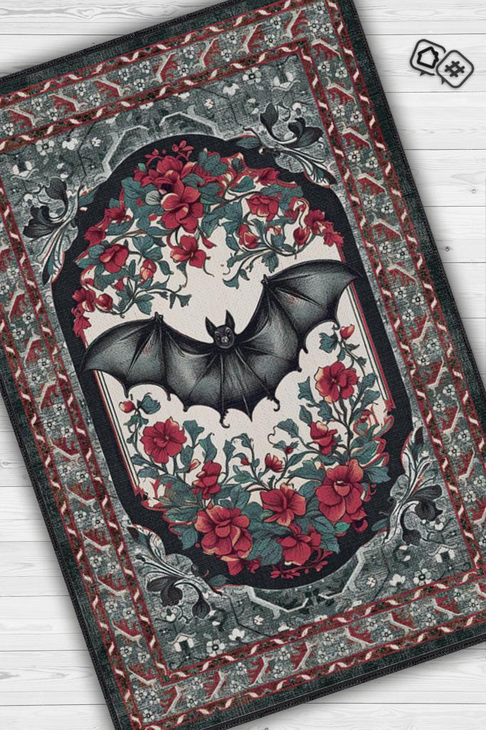 Homshtag Nuh'un Gemisi Koleksiyonu Yarasa Temalı Çiçekli Bordo Siyah Renkli Bordürlü Konsept Halı