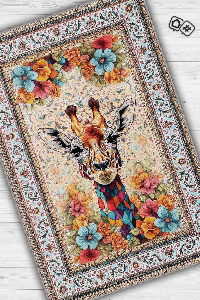 Homshtag Nuh'un Gemisi Koleksiyonu Zürafa, Çiçek Desenli Art Deco Tarzı Vintage Halı,Çok Renkli Maksimalist Halı