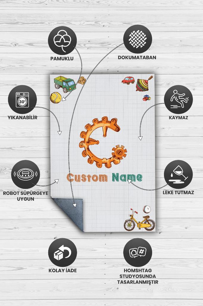 Homshtag Oğlumun İsmi Kişiye Özel Kişiselleştirilebilir Dokuma Tabanlı Yıkanabilir Dekoratif Ev Halısı