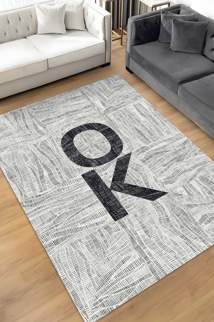 Homshtag Ok Gri Renkli Halı Geometrik Oturma Odası Halısı Minimal Salon Halı Çizgili Yazılı Halı
