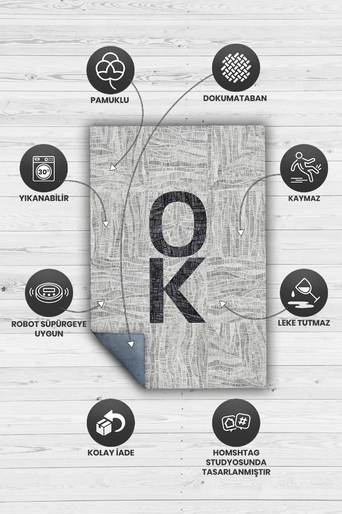 Homshtag Ok Gri Renkli Halı Geometrik Oturma Odası Halısı Minimal Salon Halı Çizgili Yazılı Halı