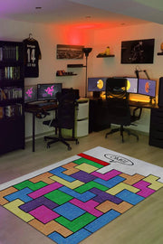 Homshtag Olamaz Renkli Oyuncu Halısı Zemini Beyaz Renk Gamer Temalı Halı Tetris Sever Hediyelik Halı