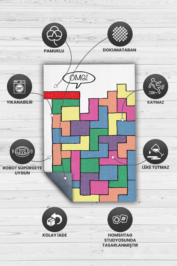 Homshtag Olamaz Renkli Oyuncu Halısı Zemini Beyaz Renk Gamer Temalı Halı Tetris Sever Hediyelik Halı
