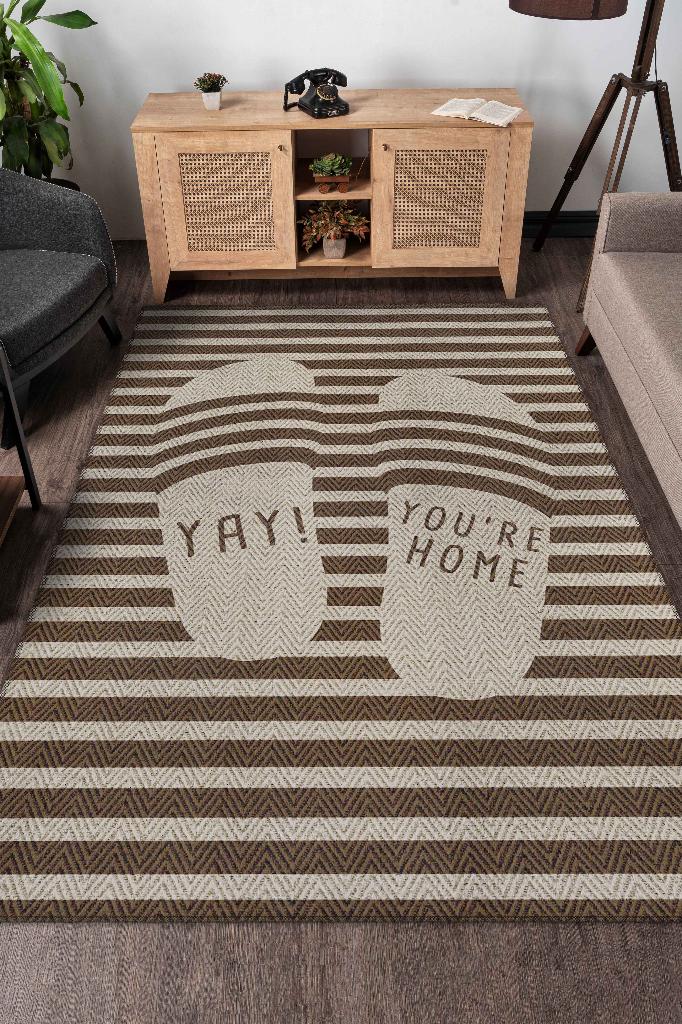 Homshtag Oley Evdeyim Kahverengi Halı Dekoratif Salon Halısı Çizgili Krem Renkli Mutfak Halısı