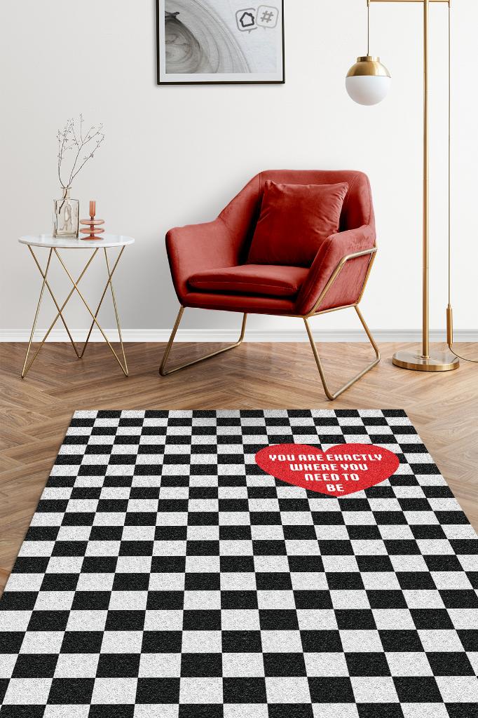 Homshtag Olman Gereken Yer Siyah Beyaz Kareli Hediyelik Salon Halısı 14 Şubat Sevgili Temalı Halı