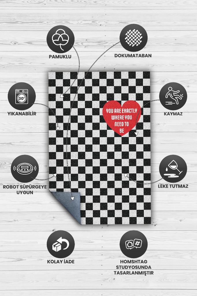 Homshtag Olman Gereken Yer Siyah Beyaz Kareli Hediyelik Salon Halısı 14 Şubat Sevgili Temalı Halı