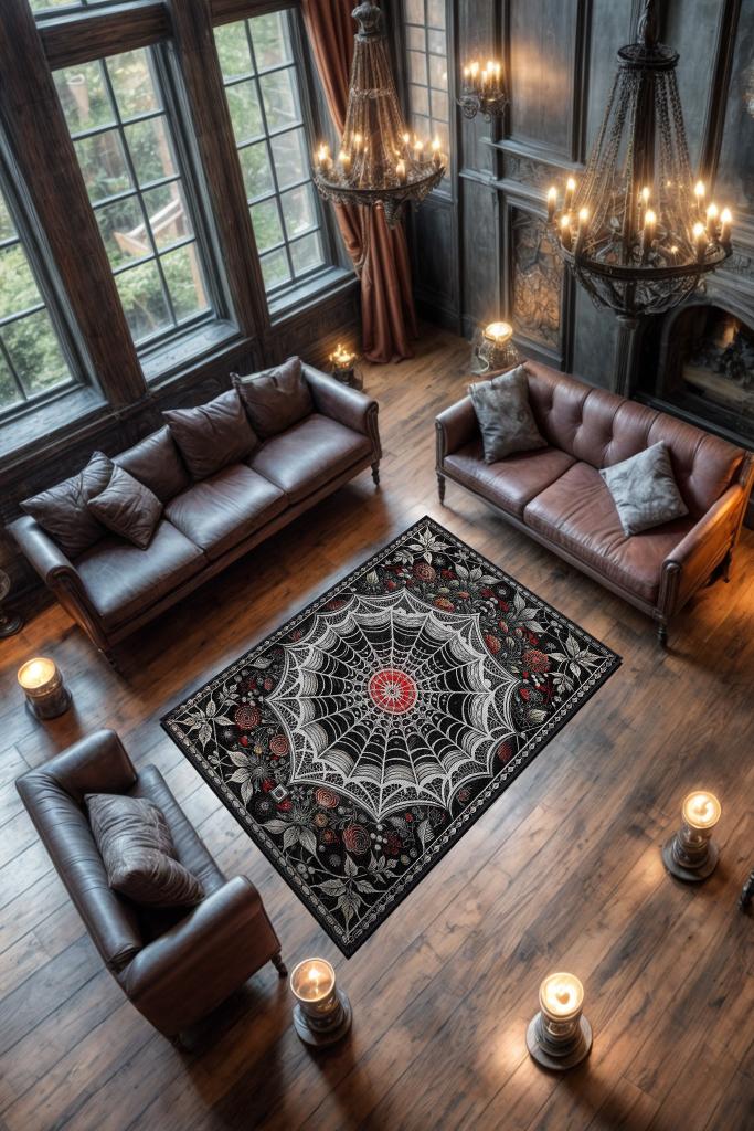 Homshtag Örümcek Ağı Temalı Gotik Halı Siyah Renkli Oturma Odası Halısı Hediyelik Örümcek Ağı Halısı