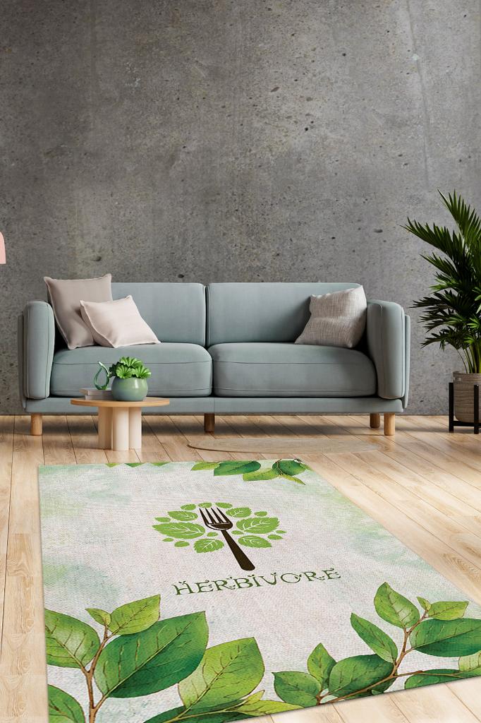 Homshtag Herbivore Light Colored Vegan Rug with Digital Print, Green Vegan Kitchen Rug