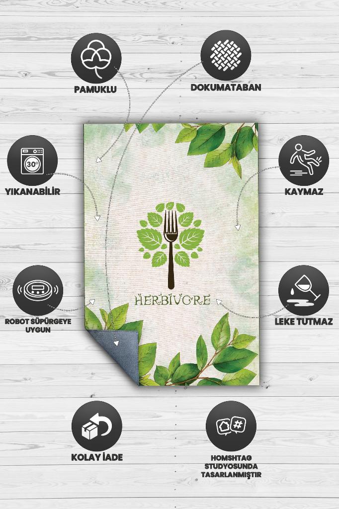 Homshtag Otçul Açık Renkli Vegan Halısı Yazılı Dijital Baskı Halı Yeşil Vegan Mutfak Halısı