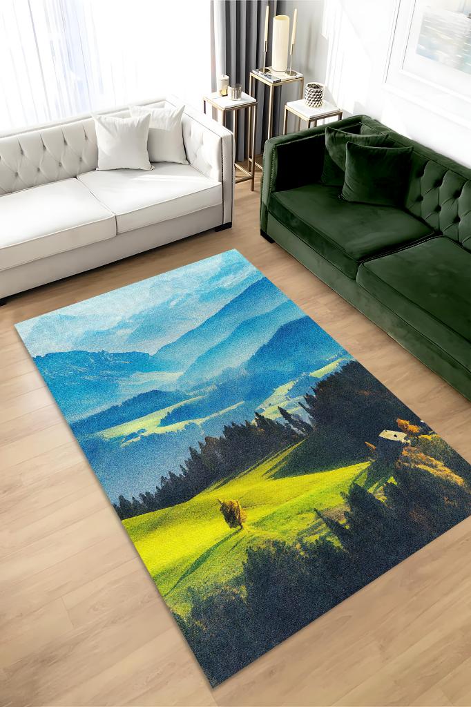 Homshtag Ova Çok Renkli Halı Manzara Temalı Figürlü Salon Halısı Dijital Baskılı Tasarım Halı