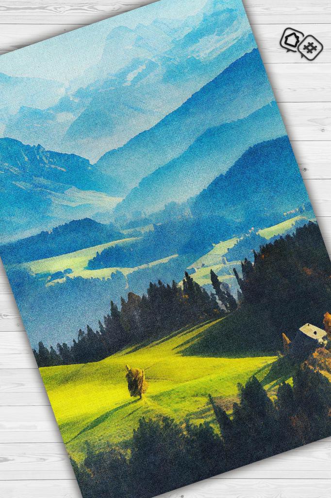 Homshtag Ova Çok Renkli Halı Manzara Temalı Figürlü Salon Halısı Dijital Baskılı Tasarım Halı