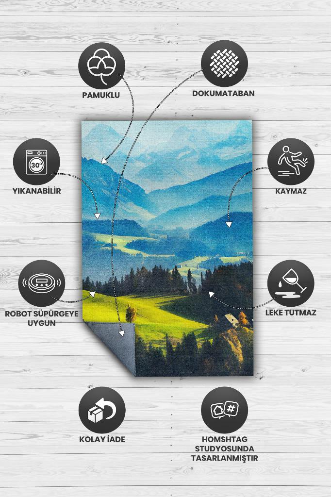 Homshtag Ova Çok Renkli Halı Manzara Temalı Figürlü Salon Halısı Dijital Baskılı Tasarım Halı