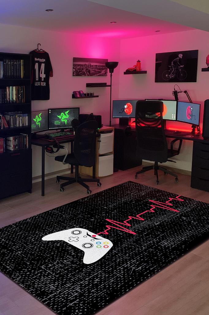 Homshtag Oyun Ritmi Siyah Oyuncu Halısı Gamer Tasarım Halı Oyuncuya Hediye Halı Konsol Temalı Halı