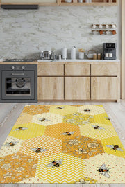 Homshtag Petek Tonları Dokuma Tabanlı Yıkanabilir Sarı Renk Halı Hayvan Baskılı Renkli Mutfak Halısı