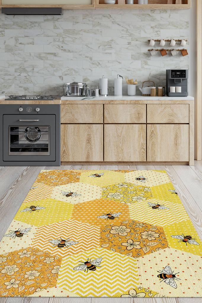 Homshtag Petek Tonları Dokuma Tabanlı Yıkanabilir Sarı Renk Halı Hayvan Baskılı Renkli Mutfak Halısı