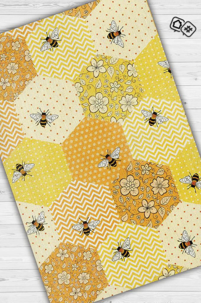 Homshtag Petek Tonları Dokuma Tabanlı Yıkanabilir Sarı Renk Halı Hayvan Baskılı Renkli Mutfak Halısı