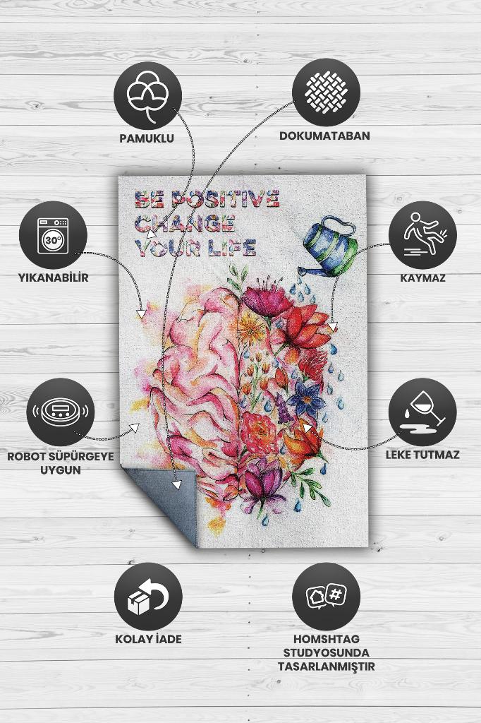 Homshtag Pozitif Ol Hayatını Değiştir Pamuklu Dokuma Tabanlı Yıkanabilir Kaymaz Dekoratif Halı