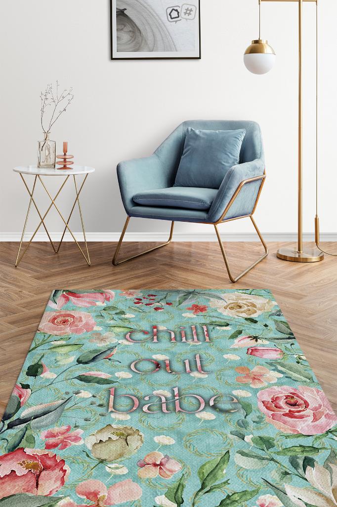 Homshtag Rahatla Bebeğim Yeşil Renkli Halı Çiçek Desenli Salon Halısı Çok Renkli Mutfak Halısı