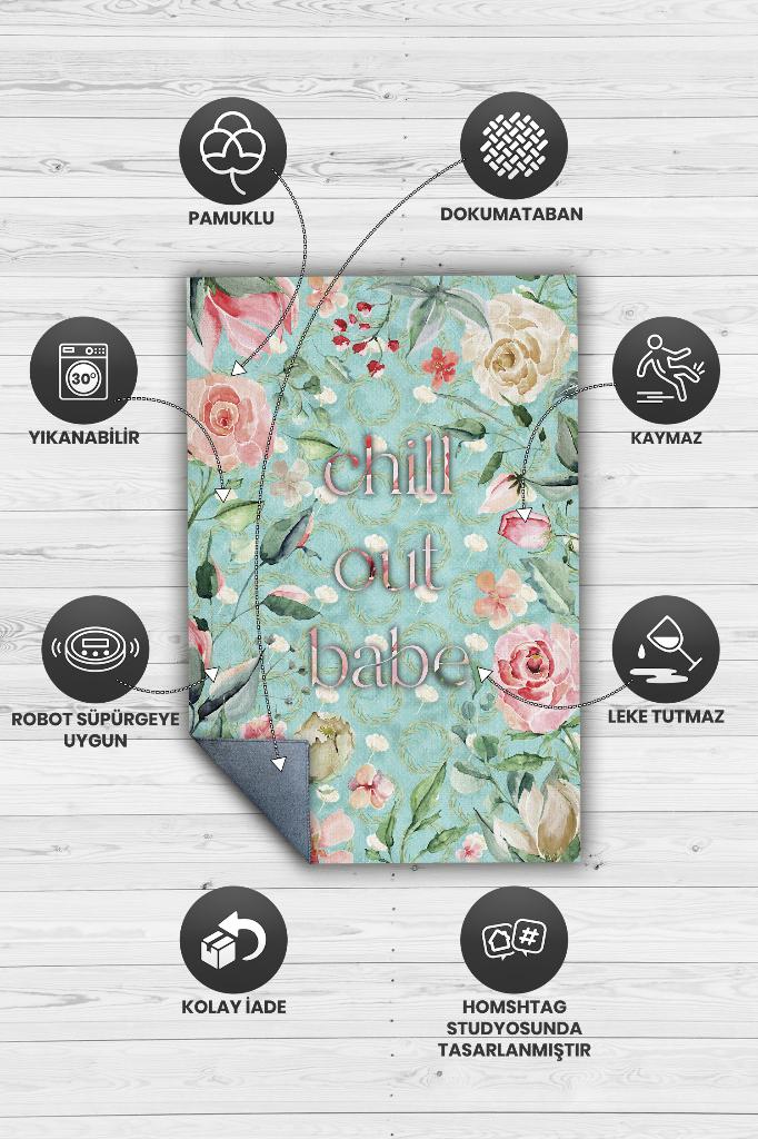 Homshtag Rahatla Bebeğim Yeşil Renkli Halı Çiçek Desenli Salon Halısı Çok Renkli Mutfak Halısı