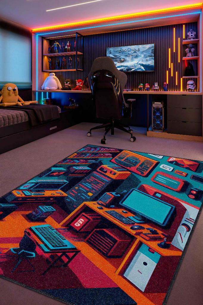 Homshtag Renkli Gamer Odası Halısı,Pastel Tonlu Canlı Renkli Genç Odası Halısı,Modern Gamer Halısı