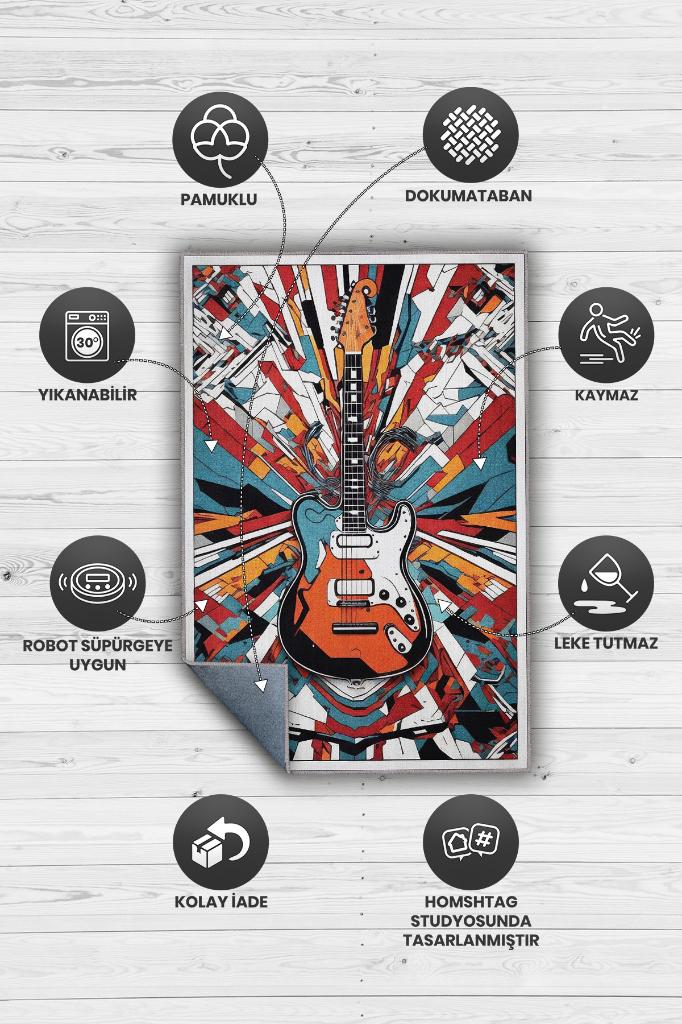 Homshtag Renkli Gitar Halısı,Pop Art Müzik Halısı,Rock Müzik Halısı Elektro Gitar Figürlü Renkli Modern Halı,Müzik Halı