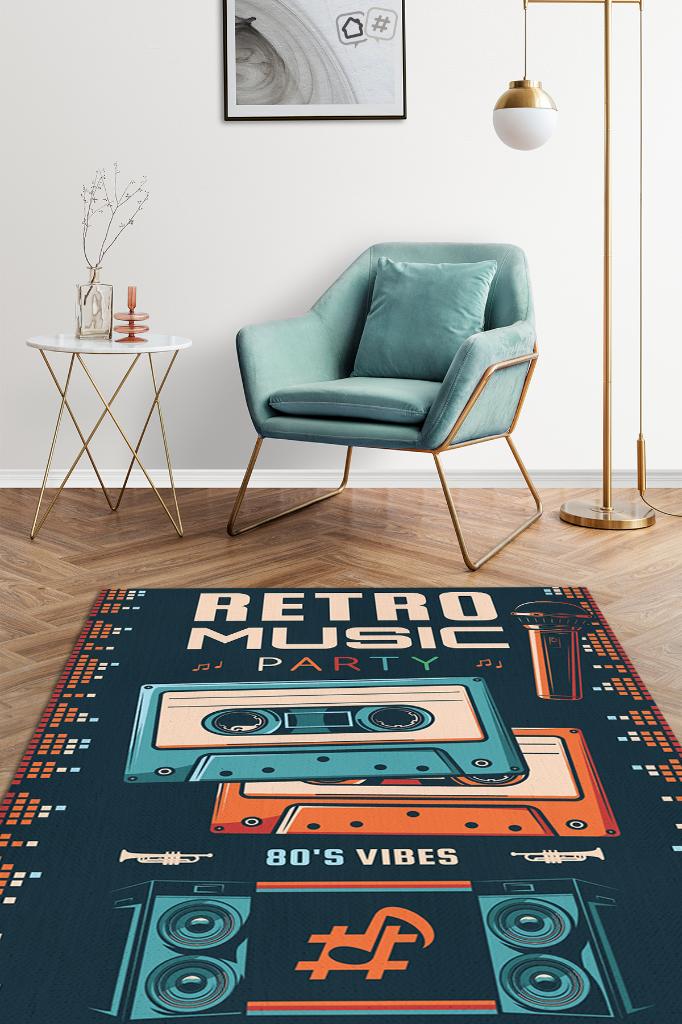 Homshtag Retro Müzik Çok Renkli Müzik Sever Halısı Müzisyene Hediye Halı Müzik Figürlü Halı