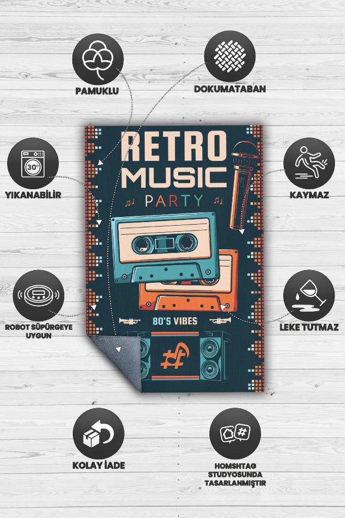 Homshtag Retro Müzik Çok Renkli Müzik Sever Halısı Müzisyene Hediye Halı Müzik Figürlü Halı