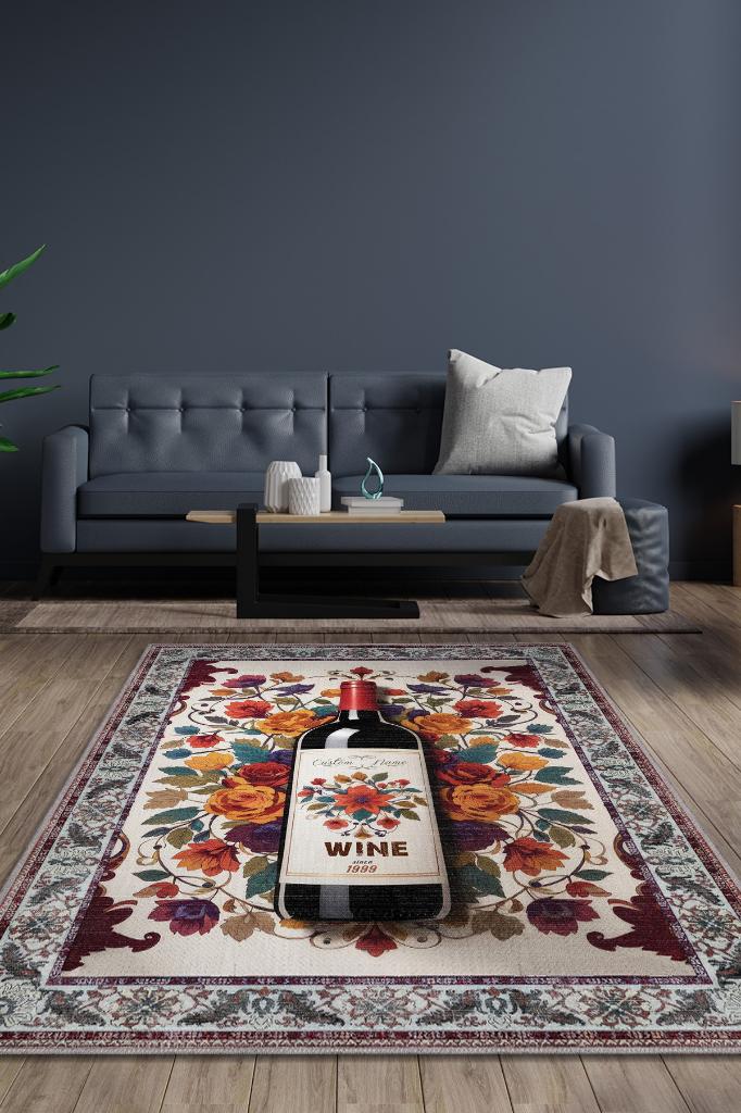 Homshtag Şarap Temalı İsimli Kişiye Özel İsim Yazılabilen 14 Şubat Seviliye Özel Halı Çiçekli Halı