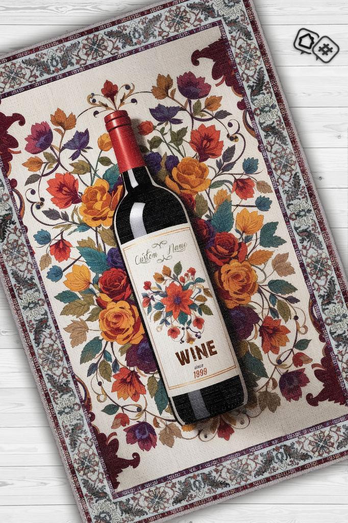 Homshtag Şarap Temalı İsimli Kişiye Özel İsim Yazılabilen 14 Şubat Seviliye Özel Halı Çiçekli Halı