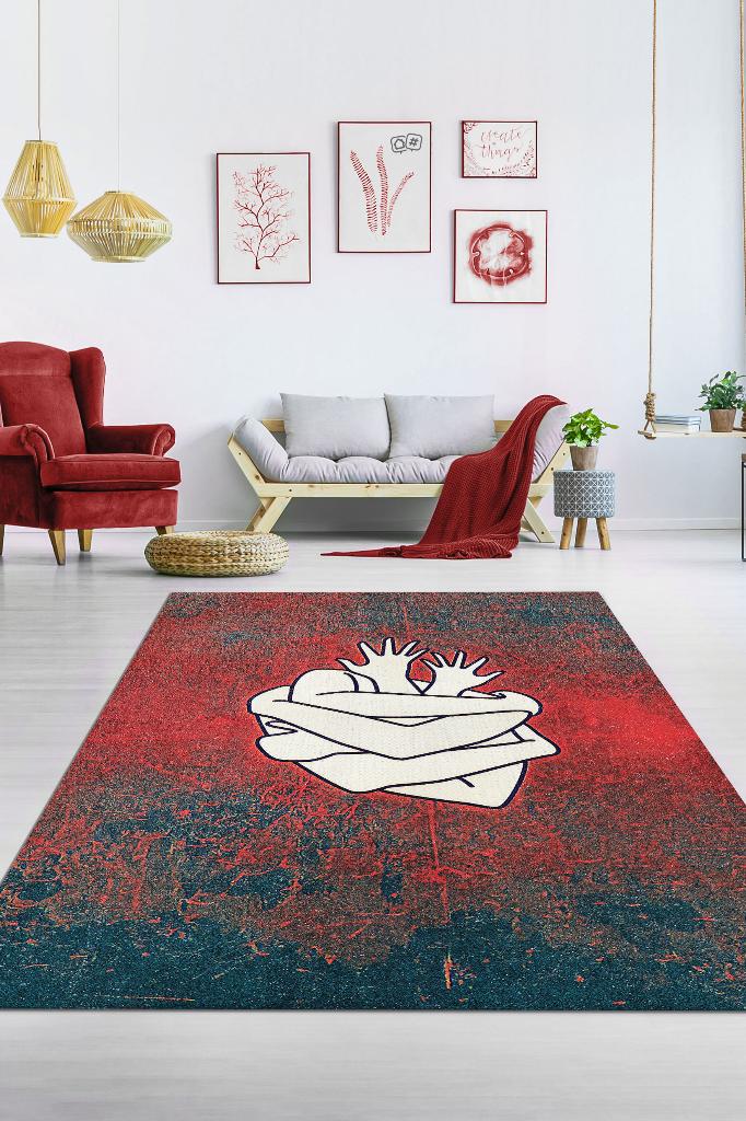 Homshtag Sarılan Kalpler Çok Renkli Gölgeli Dekoratif Salon Halısı Seviliye Hediye Halı Kırmızı Halı