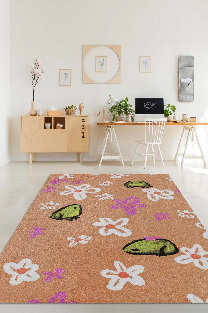 Homshtag Şaşkın Kurbağa Bej Renkli Minimalist Mutfak Halısı Kurbağa Baskılı Özel Tasarım Halı