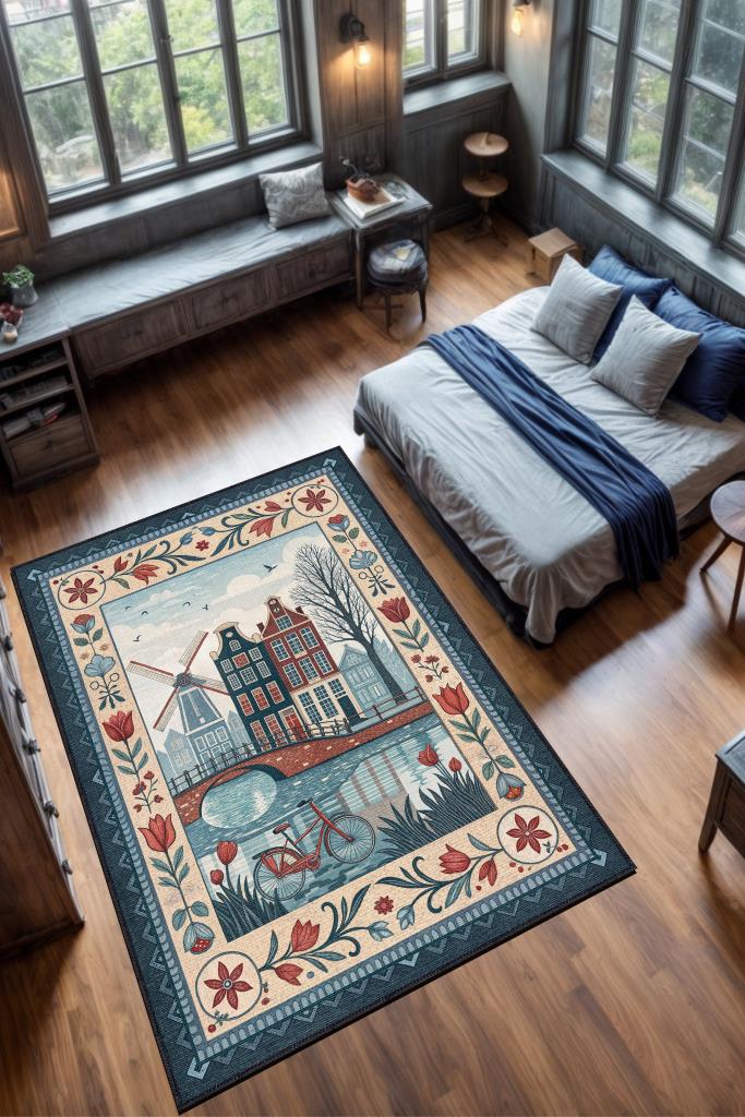 Homshtag Şehirlerde Amsterdam Temalı Dijital Baskılı Yıkanabilir Pamuk Tabanlı Şehir Temalı Halı