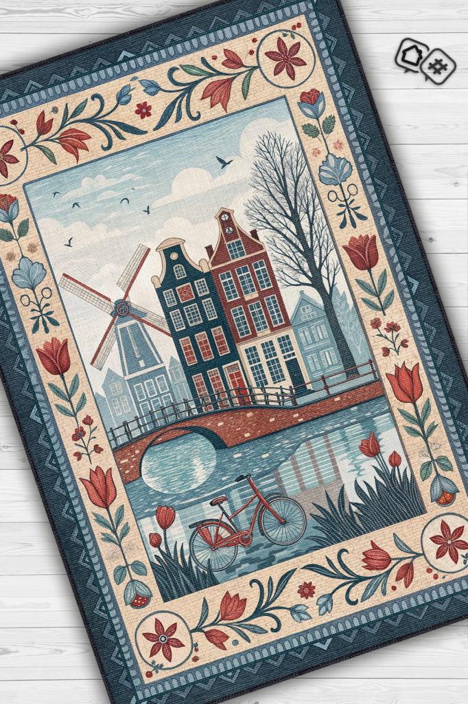 Homshtag Şehirlerde Amsterdam Temalı Dijital Baskılı Yıkanabilir Pamuk Tabanlı Şehir Temalı Halı