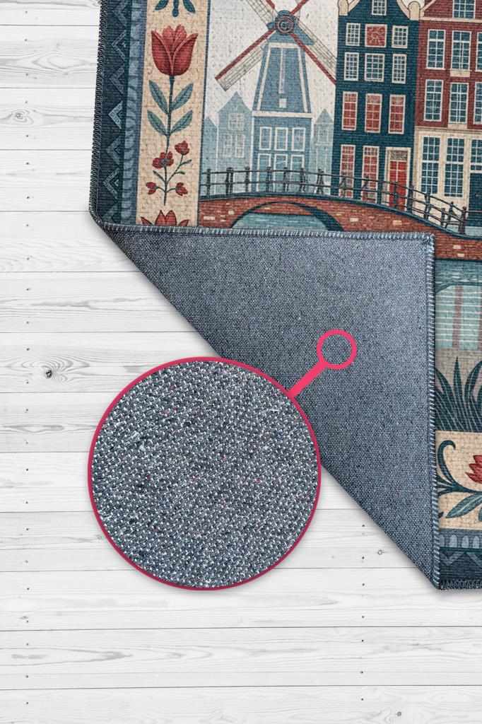 Homshtag Şehirlerde Amsterdam Temalı Dijital Baskılı Yıkanabilir Pamuk Tabanlı Şehir Temalı Halı