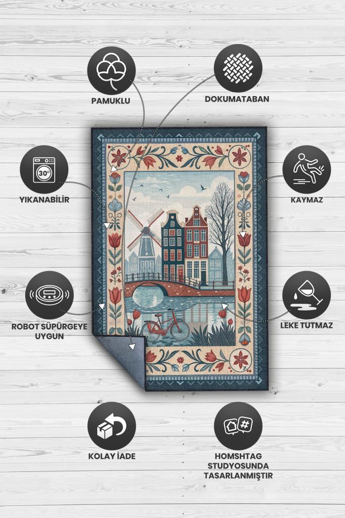 Homshtag Şehirlerde Amsterdam Temalı Dijital Baskılı Yıkanabilir Pamuk Tabanlı Şehir Temalı Halı