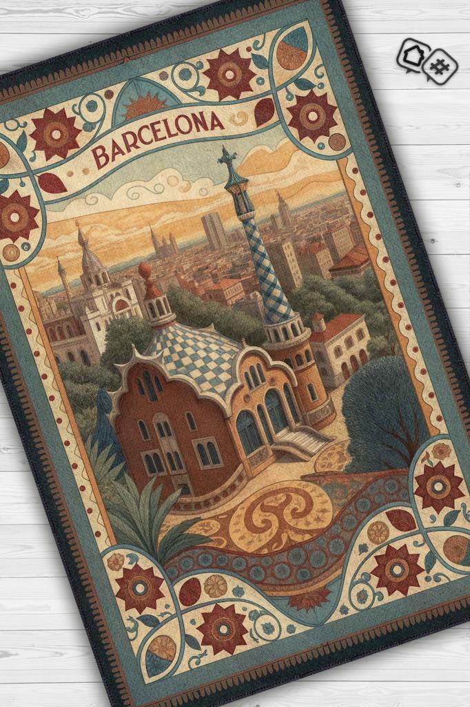 Homshtag Şehirlerde Barselona Temalı Dijital Baskılı Yıkanabilir Pamuk Tabanlı Barsolena Temalı Halı