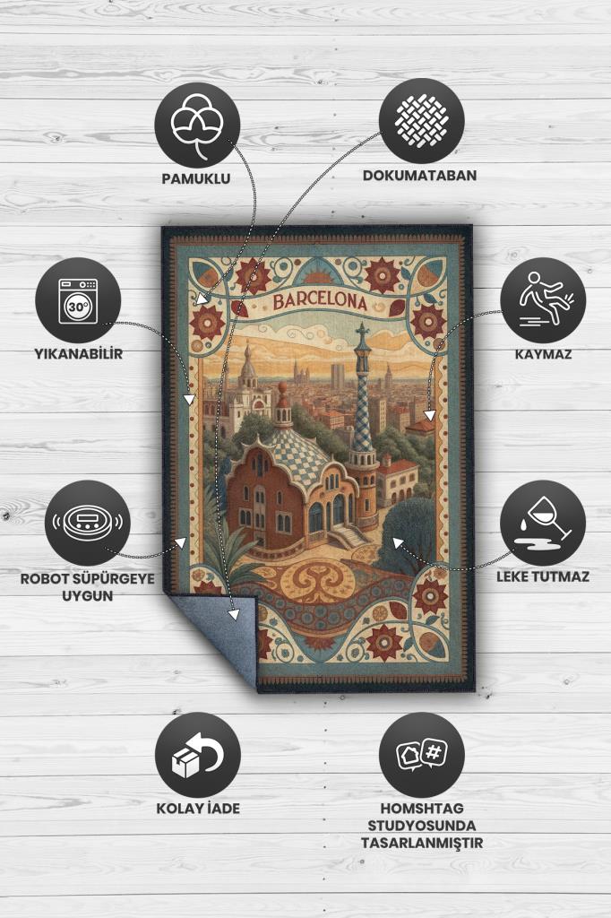 Homshtag Şehirlerde Barselona Temalı Dijital Baskılı Yıkanabilir Pamuk Tabanlı Barsolena Temalı Halı