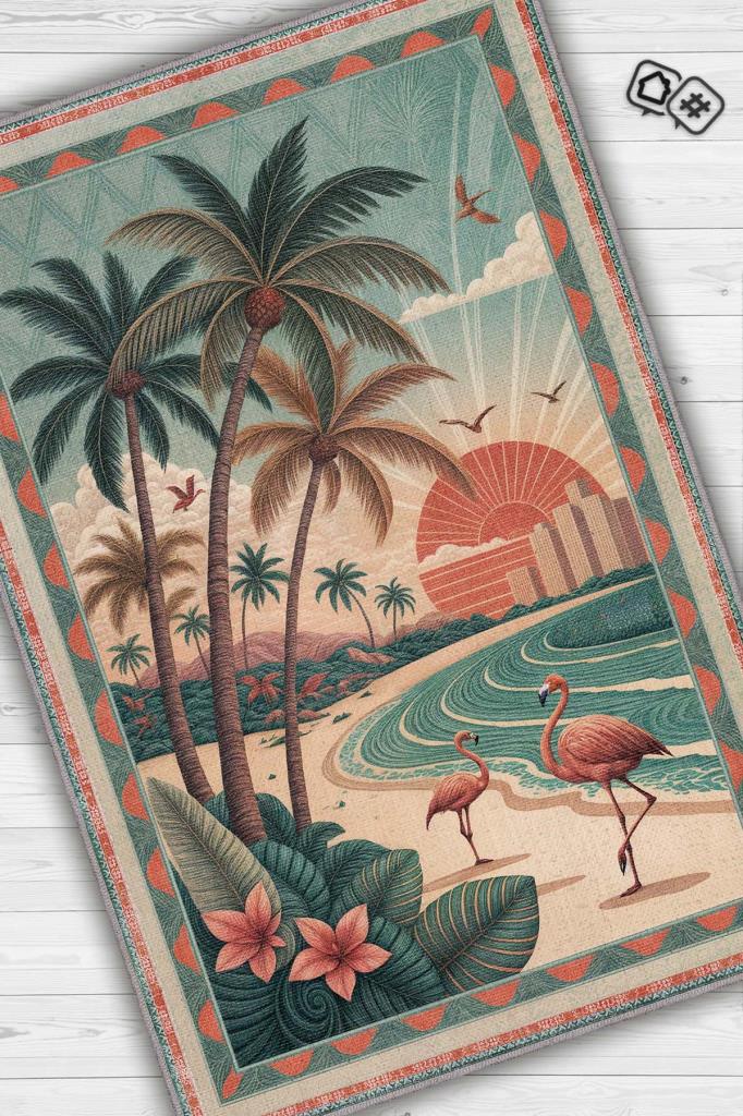 Homshtag Şehirlerde Florida Temalı Dijital Baskılı Yıkanabilir Pamuk Tabanlı Halı