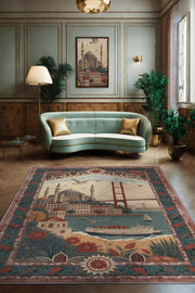 Homshtag Şehirlerde İstanbul Temalı Dijital Baskılı Yıkanabilir Pamuk Tabanlı Şehir Temalı Halı