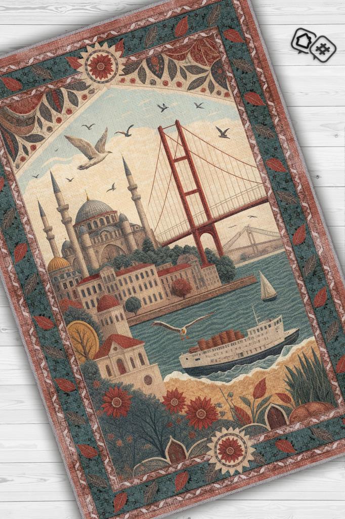 Homshtag Şehirlerde İstanbul Temalı Dijital Baskılı Yıkanabilir Pamuk Tabanlı Şehir Temalı Halı