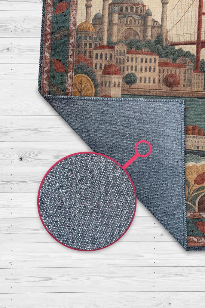 Homshtag Şehirlerde İstanbul Temalı Dijital Baskılı Yıkanabilir Pamuk Tabanlı Şehir Temalı Halı