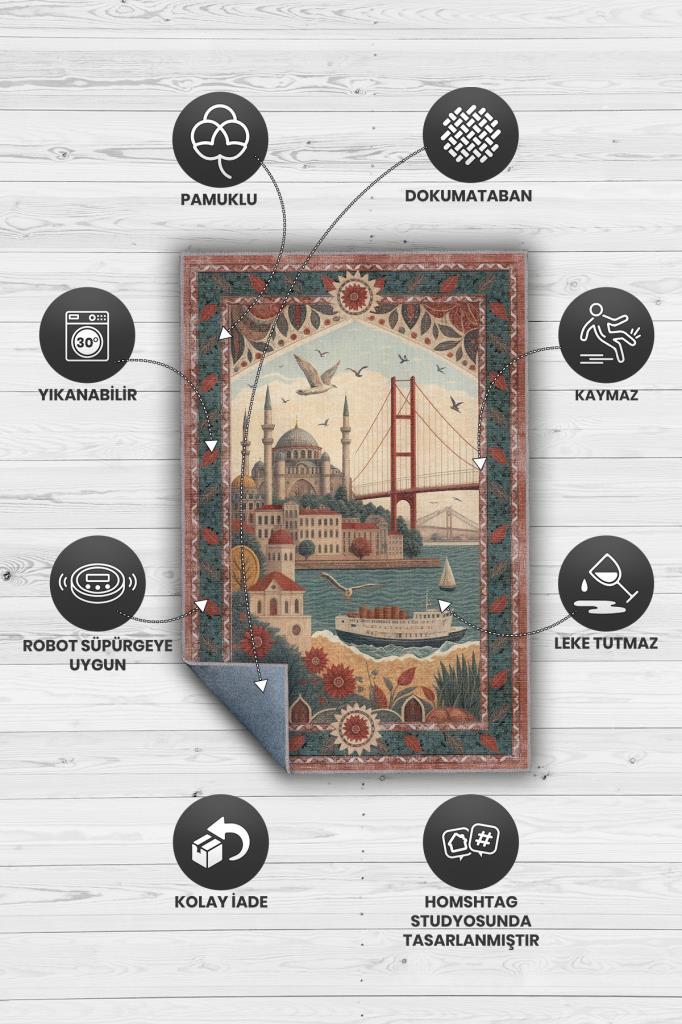Homshtag Şehirlerde İstanbul Temalı Dijital Baskılı Yıkanabilir Pamuk Tabanlı Şehir Temalı Halı