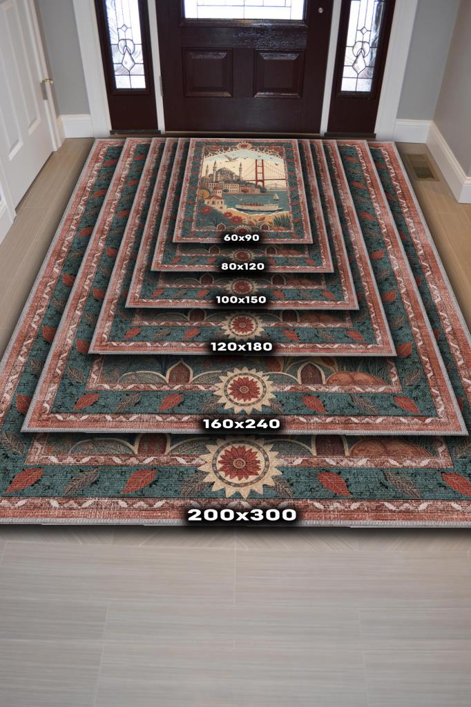 Homshtag Şehirlerde İstanbul Temalı Dijital Baskılı Yıkanabilir Pamuk Tabanlı Şehir Temalı Halı