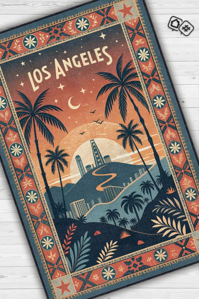 Homshtag Şehirlerde Los Angeles Temalı Dijital Baskılı Yıkanabilir Pamuk Tabanlı Halı