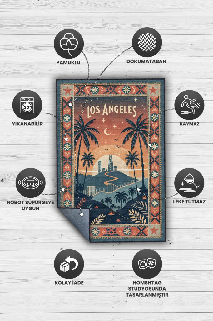 Homshtag Şehirlerde Los Angeles Temalı Dijital Baskılı Yıkanabilir Pamuk Tabanlı Halı