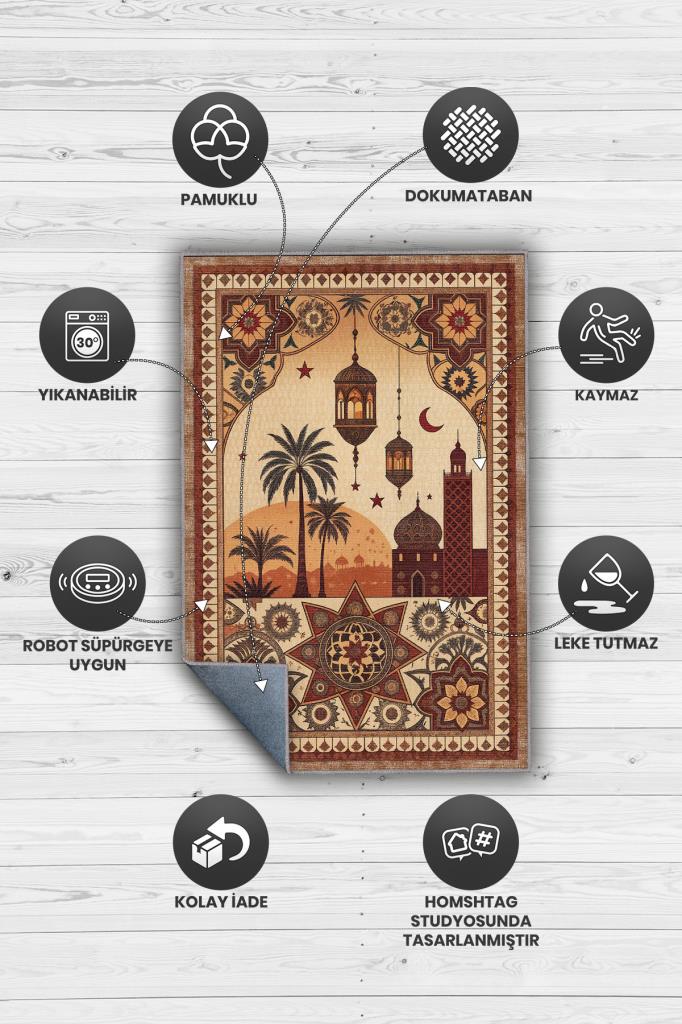 Homshtag Şehirlerde Marakeş Temalı Dijital Baskılı Yıkanabilir Pamuk Tabanlı Halı